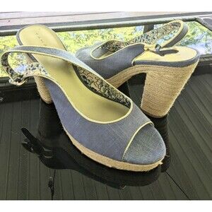 Tahari BARB Sandal Womens sz 9.5 Blue Canvas Slingback Platform Pump Heel Shoe